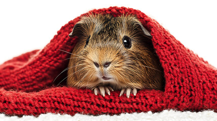 A small brown and white animal is curled up in a red blanket