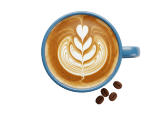Isolated Top View of a Blue Coffee Cup with Heart Latte Art and Coffee Beans