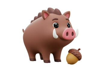 Isolated Cute 3D Cartoon Wild Boar with Tusks and a Small Brown Acorn
