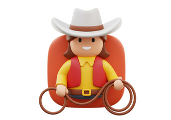 Isolated 3D Cartoon Cowboy Character with White Hat and Lasso for Western Themes