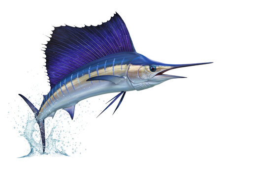 Isolated Dynamic Illustration of a Blue Sailfish Leaping Out of the Water