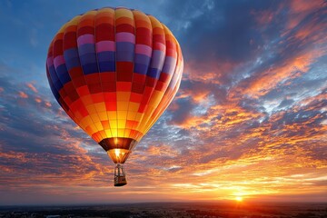 Fototapeta premium Hot air balloon floats gracefully at sunrise over picturesque landscape