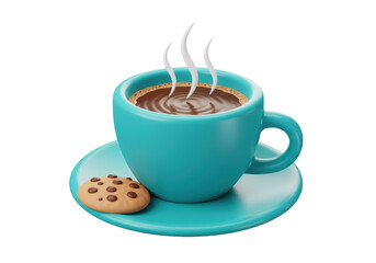 Isolated Steaming Blue Coffee Cup with Chocolate Chip Cookie and Saucer for a Break