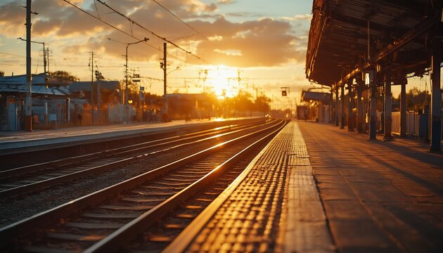 a golden sunset casts long shadows across an empty train platform and converging railway tracks.