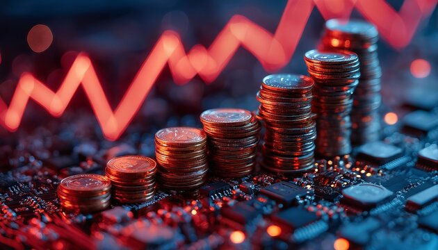 a glowing red stock market graph rises behind stacks of coins placed on a circuit board, symbolizing financial growth in the digital age.