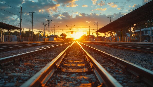 a low-angle view of railroad tracks converging toward a vibrant sunset over a quiet train platform.