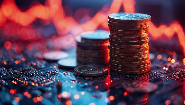 a glowing red stock market graph rises behind stacks of coins placed on a circuit board, symbolizing financial growth in the digital age.