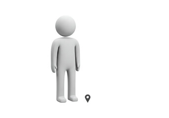 Isolated 3D Figure Standing Next to a Location Pin Icon for Navigation and Destination