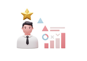 Isolated 3D Businessman with Performance Charts and Gold Star for Business Success