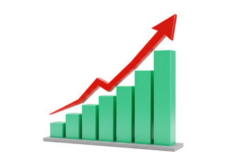 Isolated 3D Growing Green Bar Chart with Red Upward Arrow for Significant Financial Growth