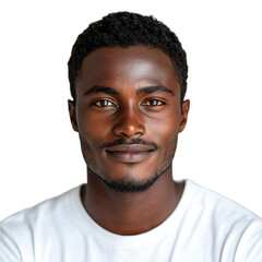 Obraz premium Front view close up of an extremely beautiful young man from Kenya in a white t-shirt smiling isolated on a white transparent background
