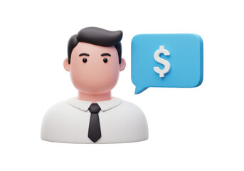 Isolated 3D Render of Businessman Icon Speaking with Dollar Sign Chat Bubble