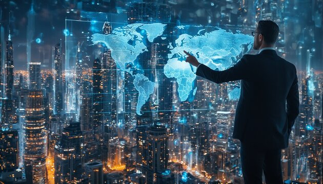 a businessman in a suit gestures towards a glowing digital world map projected over a vibrant cityscape at night, symbolizing global connectivity and technological advancement.