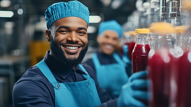 Smiling Black man, wearing a cap and gloves, handles bottles of red liquid in a factory setting. Colleague in background