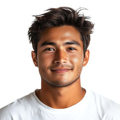 Fototapeta premium Front view close up of an extremely beautiful young man from Laos in a white t-shirt smiling isolated on a white transparent background