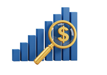 Isolated 3D Blue Bar Chart with Magnifying Glass and Dollar Sign for Financial Analysis
