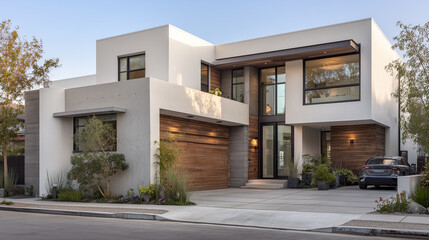 Modern Home Exterior With Wood Garage Door And Car On Driveway At Sunset