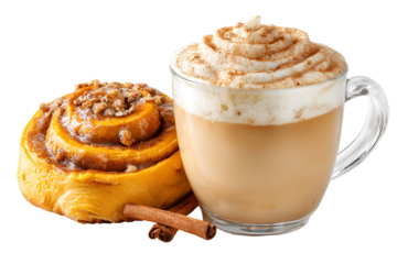 Cinnamon roll and coffee with whipped cream isolated on transparent background