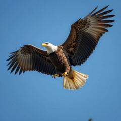 Obraz premium A bald eagle soars gracefully against a clear blue expanse of the sky