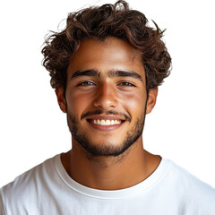 Obraz premium Front view close up of an extremely beautiful young man from Morocco in a white t-shirt smiling isolated on a white transparent background.