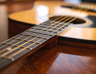 Fototapeta premium Acoustic guitar neck and fretboard close-up