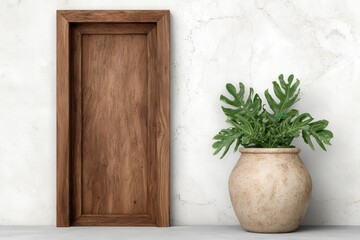 Fototapeta premium Contemporary wooden frame against a textured wall showcasing a monstera plant in a pottery vase creates a modern minimalist aesthetic highlighting natural decor elegance