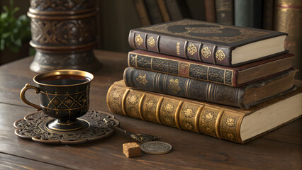 A stack of old, brown leather-bound books creates a vintage antique collection in a retro library
