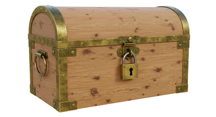 Isolated Rustic Wooden Treasure Chest with Brass Details and Padlock