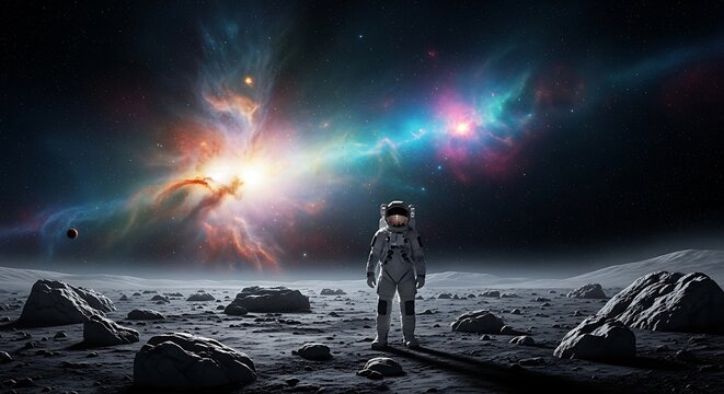 Astronaut standing on a desolate alien planet, gazing at a vibrant nebula.