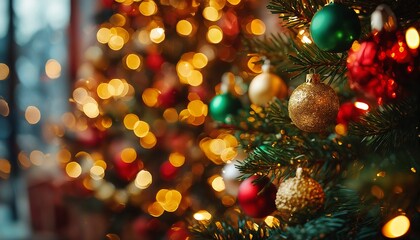 a close-up view of a decorated christmas tree with blurred golden lights creating a warm and festive atmosphere.