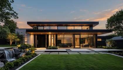 Fototapeta premium a modern, expansive home with floor-to-ceiling windows and a flat roof is framed by lush landscaping and a small waterfall feature in the front yard at dusk.