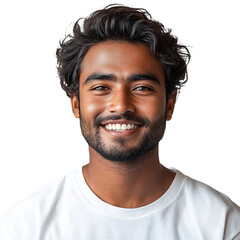 Obraz premium Front view close up of an extremely beautiful young man from Sri Lanka in a white t-shirt smiling isolated on a white transparent background