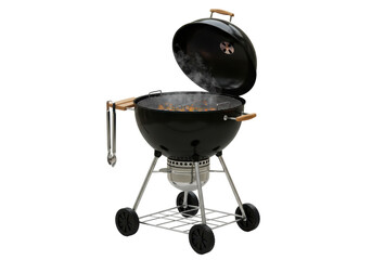 Isolated Black Charcoal Grill with Open Lid and Cooking Utensils
