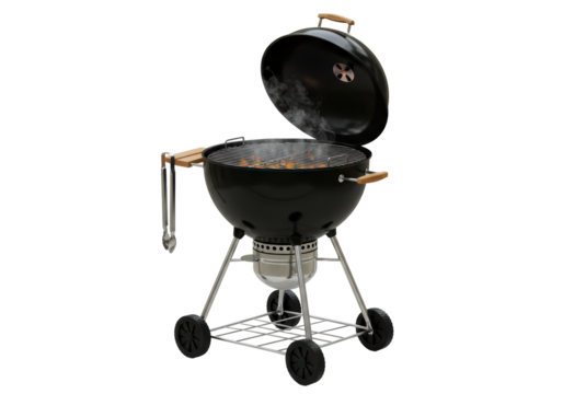 Isolated Black Charcoal Grill with Open Lid and Cooking Utensils