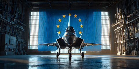 A state of the art fighter jet stands air force hangar. Behind it the European Union EU flag creates a powerful backdrop, Europe arming defense concept background