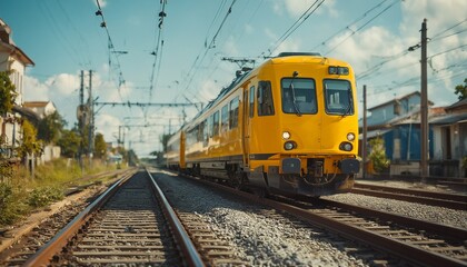 Obraz premium a vibrant yellow train travels along railway tracks lined with gravel and flanked by buildings under a partly cloudy sky.