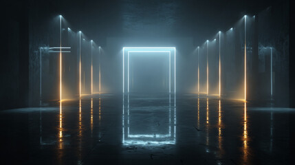 3d technology abstract neon light background, empty space scene, spotlight, dark night, virtual reality, cyber futuristic sci-fi background, street floor studio for mock up. colored geometric.