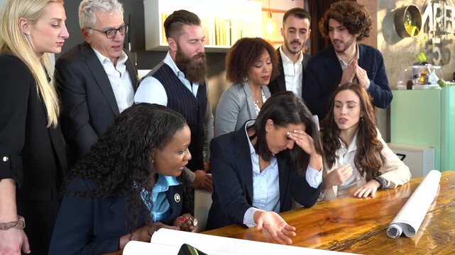 Businesswoman under pressure during workplace conflict after a professional mistake. Colleagues reacting critically in a tense and stressful office environment. Concept of failure, emotional burnout.