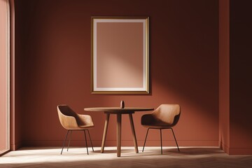 Blank gold-framed mockup on muted terracotta-colored wall in minimalist dining area