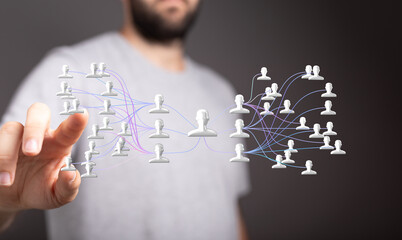 Image of a person interacting with a digital network, showing connections and communication.