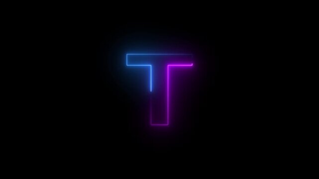 Neon capital letter T with black background.