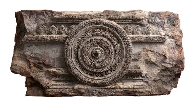 Ancient stone carving of a dharma chakra symbol isolated on transparent background