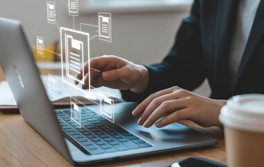Digital Data Management: A close-up view captures hands typing on a laptop, with digital document icons overlayed, highlighting the essence of secure information management