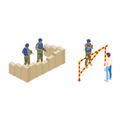 Military checkpoint and armed soldiers vector isometric illustration.