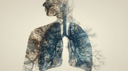 Lungs rendered in transparent glass style, inside an abstract aged body silhouette, concept: COPD, lung disease, 16:9