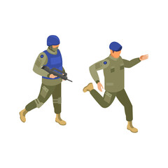 Armed peacekeeper soldiers in uniform, isometric vector characters