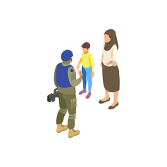 Obraz premium Isometric vector of a peacekeeper soldier with a civilian family