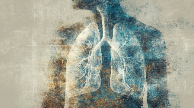 Lungs rendered in transparent glass style, inside an abstract aged body silhouette, concept: COPD, lung disease, 16:9