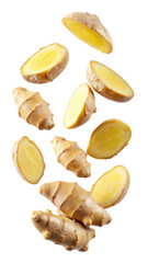 flying ginger and half slices isolated on transparent white background, clipping path