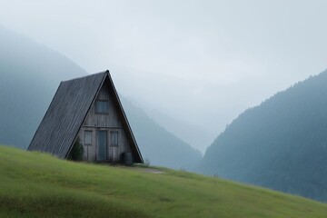 Obraz premium Off-grid house on hilltop under rain, moody atmosphere, surrounded by mountains